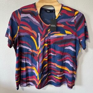 NEW Ulla Popken Short Sleeve V-Neck Abstract Print Colorful TShirt Plus 24/26